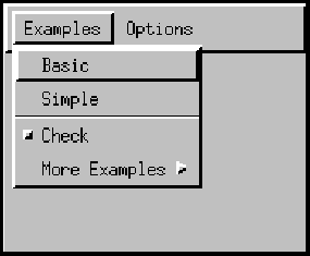 Menu labeled Examples, containing items Basic, Simple, Check, and More
 * Examples. The Check item is a CheckBoxMenuItem instance, in the off state.