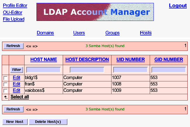 The LDAP Account Manager Host Edit Screen