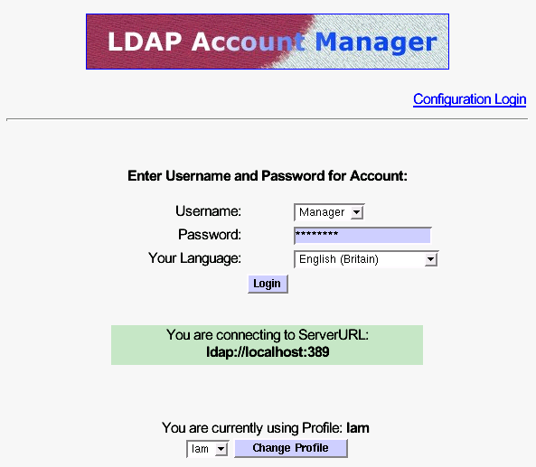 The LDAP Account Manager Login Screen
